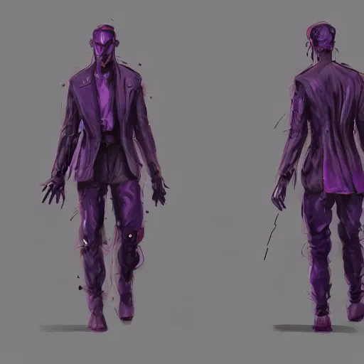 Image similar to character design sketch humanoid by ahmet atil akar, profile portrait, cyberpunk street goon, concept art character, cyberpunk fashion, with body made of purple lava and fire, marvelous designer, royalty, smooth, sharp focus, organic, deep shadowsby jerad marantz, hyperrealistic oil painting, 4 k, studio lightning