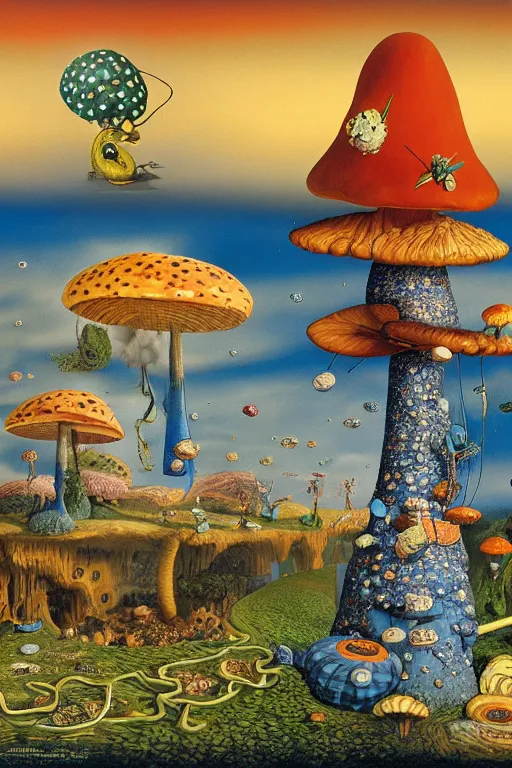 Image similar to a blue caterpillar with a hooka pipe with smoke arising from it sitting on top of a giant polka dot mushroom in wonderland by jacek yerka and salvador dali, detailed matte painting, 8 k resolution