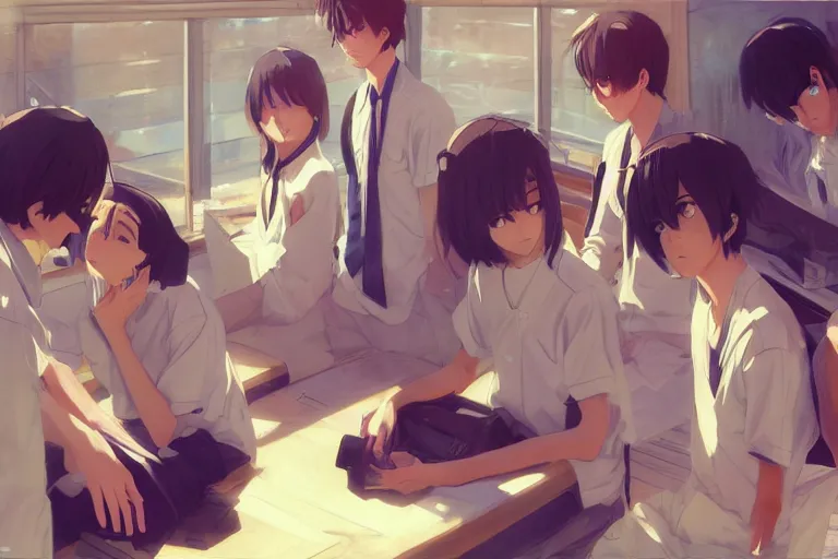 prompthunt: boy's love anime high school classroom scene spring setting,  expert high detail concept art, perfect proportions fine - face, tall  handsome, bold colors, smooth sharp focus, realistic shaded lighting poster  ilya