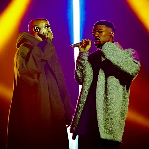 Image similar to a photo of kanye west and lil baby performing at the grammys wearing trenchcoats, dramatic, ektachrome, vintage, wide angle, warm color palette, light mode, 2. 5 - dimensional, 1 6 k, ultra - hd, megapixel, cga, rays of shimmering light, mist, screen space reflections