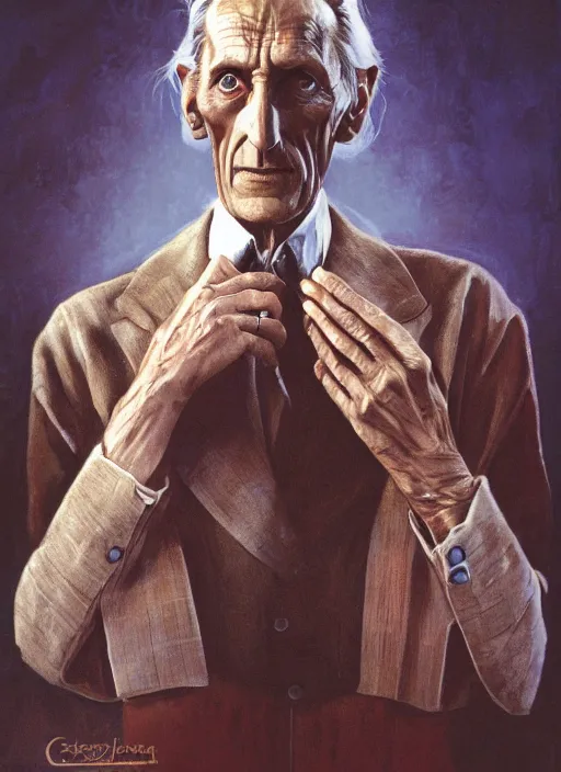 Image similar to portrait of Peter Cushing as Grimsdyke in Tales From the Crypt (1972), highly detailed, centered, solid color background, digital painting, artstation, concept art, smooth, sharp focus, illustration, artgerm, donato giancola, Joseph Christian Leyendecker, Les Edwards, Ed Repka, WLOP, Artgerm