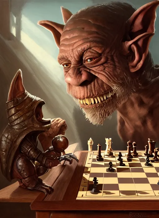 Image similar to highly detailed closeup portrait of a medieval goblin playing chess, stephen bliss, unreal engine, greg rutkowski, ilya kuvshinov, ross draws, hyung tae and frank frazetta, tom bagshaw, tom whalen, nicoletta ceccoli, mark ryden, earl norem, global illumination, god rays, detailed and intricate environment