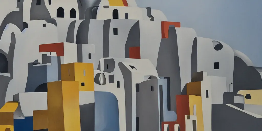 Image similar to a painting of abstract buildings like santorini by zaha hadid and yves tanguy