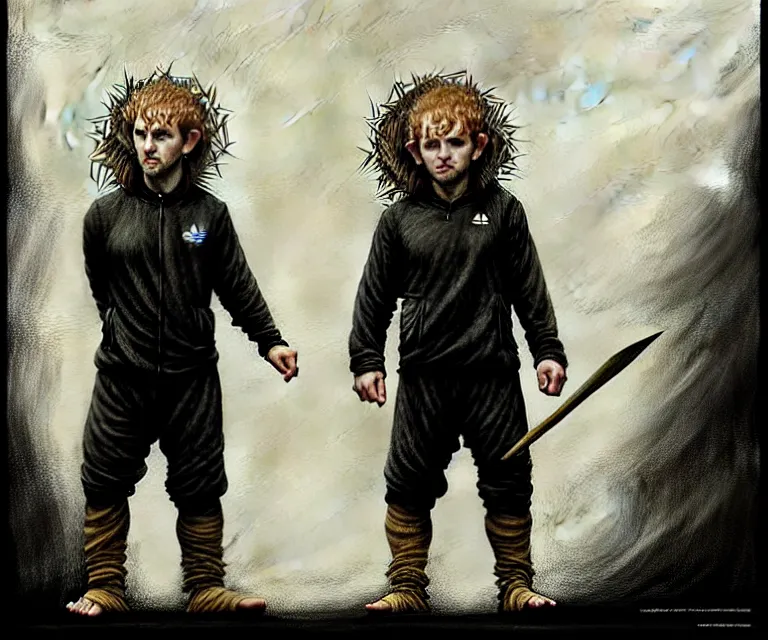 Image similar to dominic monaghan and billy boyd as hobbits squatting slavs in black adidas track suits with white stripes down the leg, caricature, highly detailed, digital painting, artstation, concept art, sharp focus, cinematic lighting, illustration, art by met mangindaan, artgerm and greg rutkowski, alphonse mucha, cgsociety