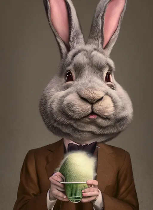 Image similar to hyper realistic, portrait of a derpy half mr. bean, half big chungus, with bunny rabbit ears, very fuzzy, furry, smoking weed, by greg rutkowski, scott m fischer, artgerm, loish, slight glow, atmospheric, anne stokes, alexandros pyromallis, 4 k, 8 k