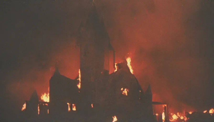 Image similar to 7 0 s film still from a horror movie about burning churches, kodachrome, cinecolor, cinestill, film grain, film texture, retro, cinematic, high resolution, photorealism,