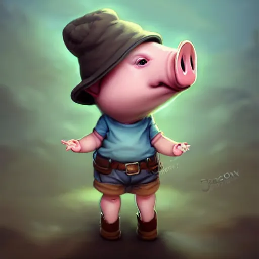 Image similar to cute little anthropomorphic funny female pig wearing shorts, a hat, boots and a pale blue shirt!! tiny!! fully clothed!!! small, short, cute and adorable, character art portrait, matte fantasy painting, deviantart artstation, by jason felix by steve argyle by tyler jacobson by peter mohrbacher, cinema