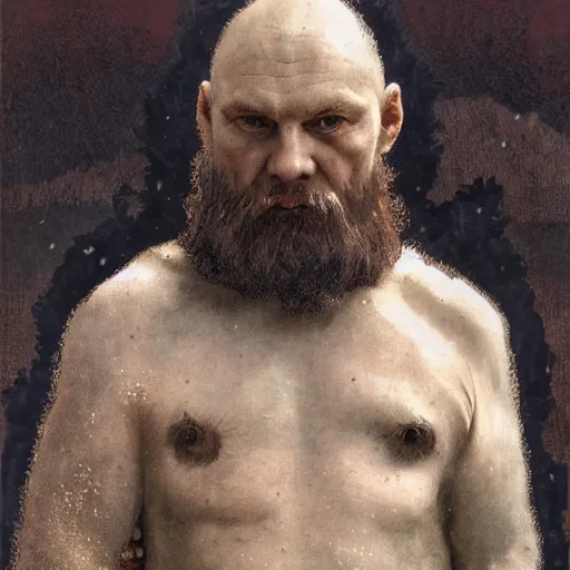 Image similar to portrait of bald, elderly Slavic Viking priest wearing thick furs and standing tall in the blizzard, with fading tattoos covering every inch of exposed skin, portrait by Anato Finnstark, Alphonse Mucha, and Greg Rutkowski