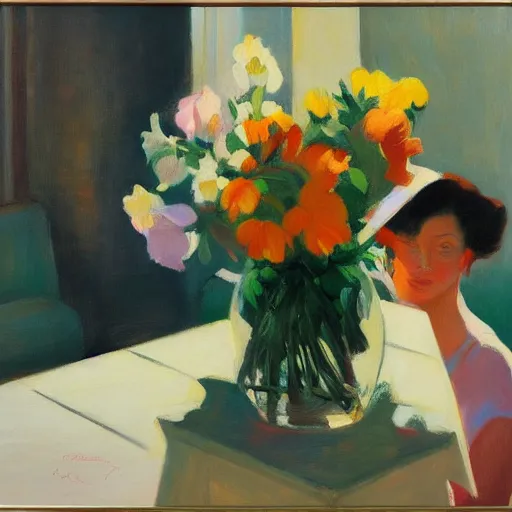 Image similar to flowers and lady, hopper, ben aronson 1950