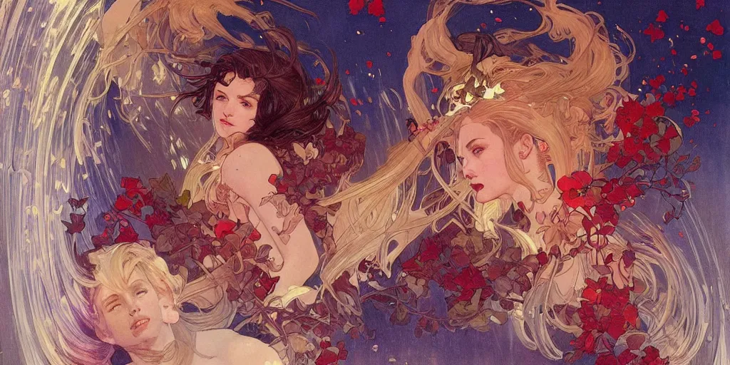 Prompt: Dreamt in 9.15s for @matthew_h_k's !dream arcs of flame, water splashes, shards of mercury, dramatic lighting, secret cypher, red flowers, solar flares, intricate art by artgerm and alphonse mucha and greg rutkowski