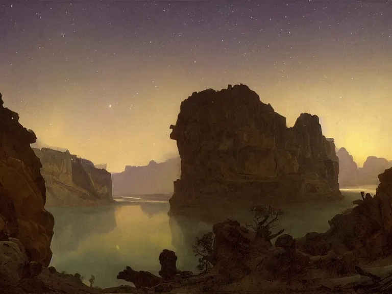 Image similar to an oil painting of a canyon on an alien planet with a distant mountain at dusk with aurora lighting up the sky by carl spitzweg and tuomas korpi. baroque elements, full-length view. baroque element. intricate artwork by caravaggio. Trending on artstation. 8k