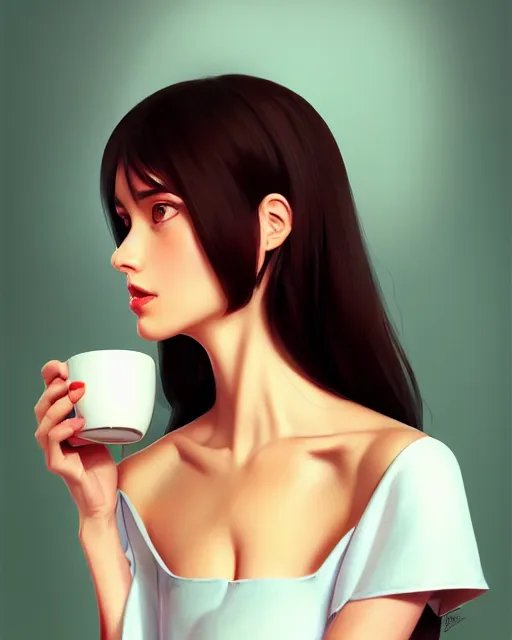 Prompt: a portait of a beautiful dark haired french girl, attractive collarbone and shoulders, holding a mug of hot tea. In the style of ilya kuvshinov, elegant, highly detailed, photorealistic, digital painting, high resolution, artstation, concept art, smooth