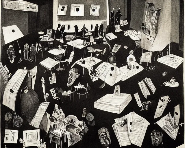 Image similar to the horror of beaurocracy, papers, horror, desks, office, waiting, stress, frustration, anger, crowded, harsh cinematic lighting, high qulity, 4 k, by charles addams and hilma af klint and affandi
