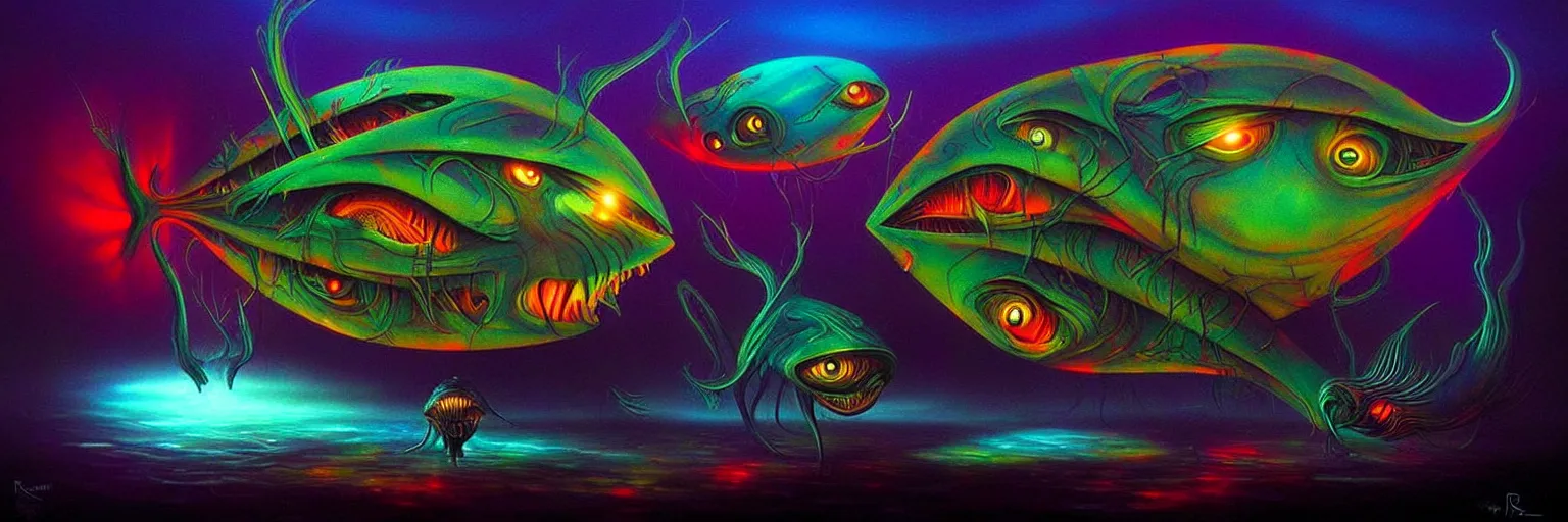 Image similar to strange alien fish creatures from the depths of the collective unconscious, dramatic lighting, surreal darkly colorful painting by ronny khalil