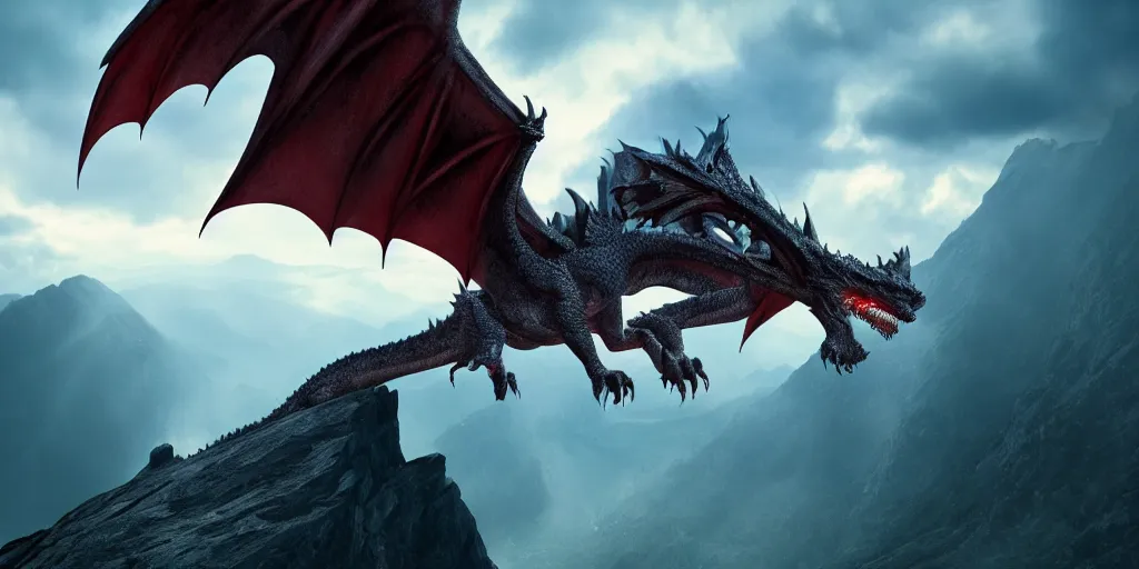 Image similar to A single simple dragon with half open wings breathing fire and standing on the top of a mountain, epic composition, epic lighting, detailed and intricate image, cinematic, 4K