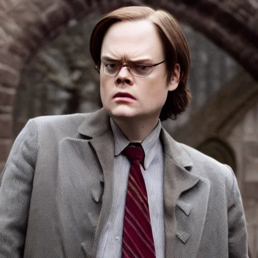 Image similar to dwight schrute playing dumbledore in a harry potter movie