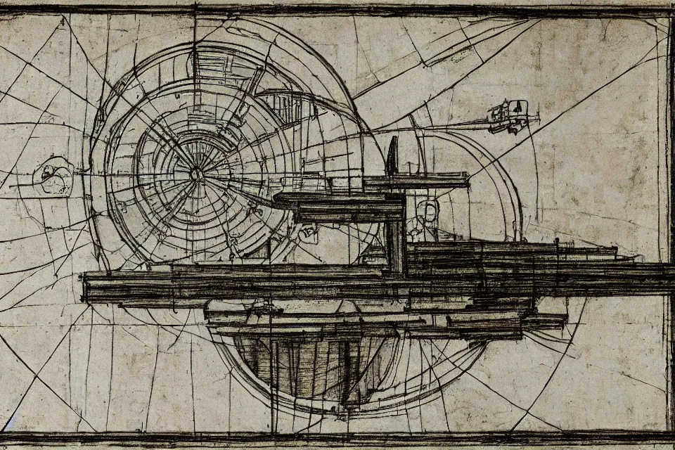 Prompt: construction drawing of a space station by leonardo da vinci