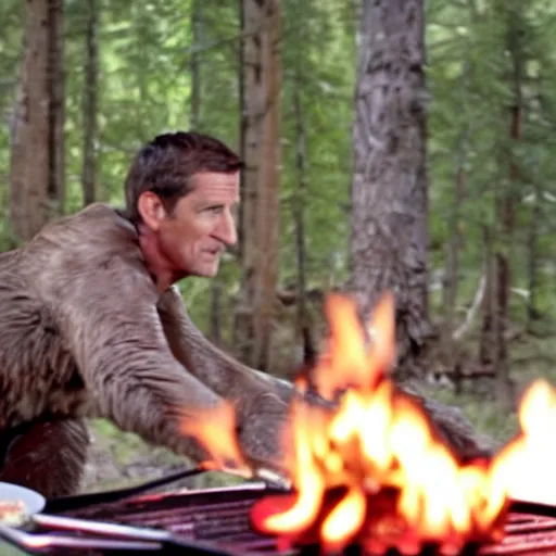 Image similar to film still of bear grylls in a bear costume cooking a grill