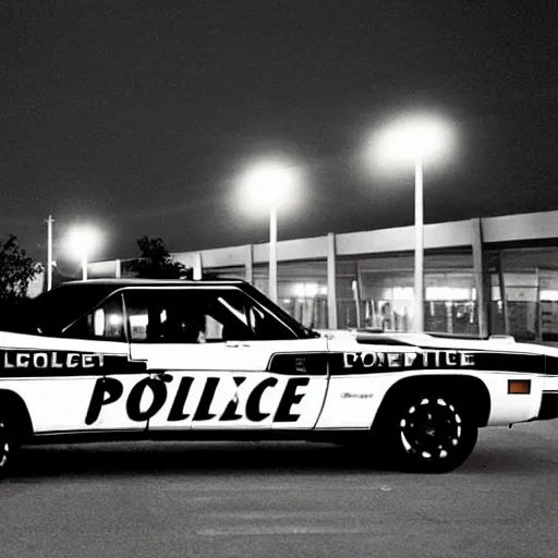 Prompt: candid nighttime photo of a county sheriff livery police car dodge charger 1976 parked in an empty parking lot at night dark midnight