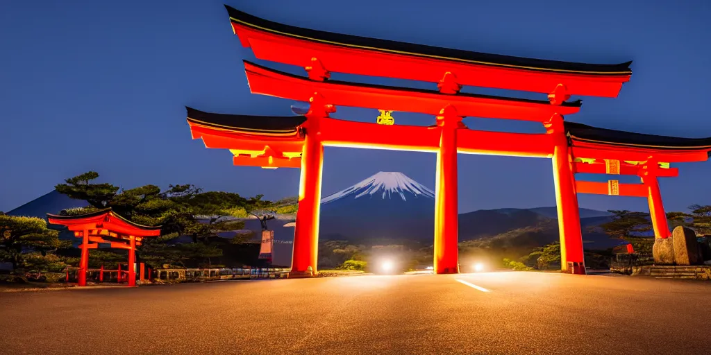 Image similar to A night photo of a school bus driving towards a Japanese Torii gate at Mount Fuji location in Japan, time travel, 4K, global illumination, ray tracing