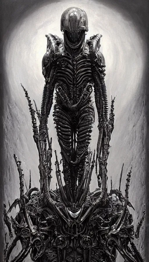 Image similar to Xenomorph themed painting of symmetrical torso black and grey inferno armor with extended evil armored hands concept, intricate artwork by H.R. Giger, Johnatan Wayshak, Zdizslaw Beksinski, Ayami Kojima, Amano, Karol Bak, Moebius, and Mark Brooks, Neo-Gothic, gothic, rich deep colors, art by Takato Yamamoto, masterpiece, face by Artgerm, very coherent artwork, cinematic, hyper realism, high detail, octane render, unreal engine, 8k, High contrast, golden ratio, trending on cgsociety