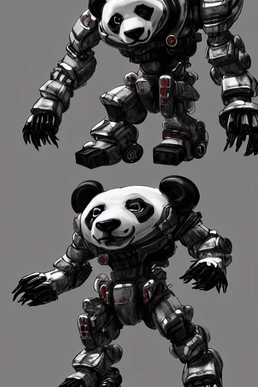 Image similar to a panda mecha, ferocious, sense of awe, hyper detailed, digital art, trending on artstation, cinematic lighting, studio quality, smooth render, unreal engine 5 rendered, octane rendered, art style by hidetaka tenjin, makoto kobayashi,