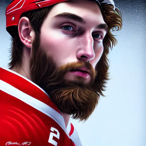 Prompt: Portrait of Red Wings hockey player The Professor, fantasy, intricate, elegant, highly detailed, digital painting, artstation, concept art, smooth, sharp focus, luxury fashion illustration, art by artgerm and greg rutkowski and alphonse mucha, brightly lit cinematic soft lighting, photorealistic