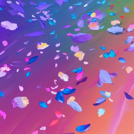 Image similar to background art of spaciously scattered multi colored flower petals flowing through the air from left to right on a clean background, anime, artgerm, manga, trending on artstation, art nouveau