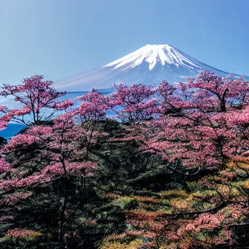 Prompt: a photo of mt fuji taken from the bottom of the mountain, wide angle lens, cinematic,