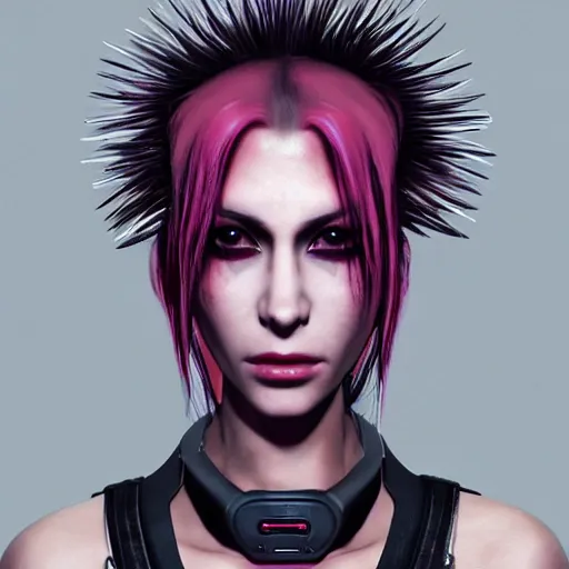 Image similar to detailed realistic cyberpunk female character cyberpunk wearing steel collar around neck, realistic, art, beautiful, 4K, collar, choker, collar around neck, punk, artstation, detailed, female, woman, choker, cyberpunk, neon, punk, collar, choker, collar around neck, thick collar, choker around neck, wearing choker, wearing collar, bright neon punk hair,