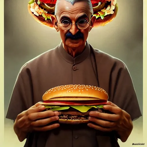 Image similar to portrait of Gandhi eating big mac hamburgers, extra onions and ketchup, luscious patty with sesame seeds, ethereal, handsome, D&D, fantasy, intricate, elegant, highly detailed, digital painting, artstation, concept art, matte, sharp focus, illustration, art by Artgerm and Greg Rutkowski and Alphonse Mucha