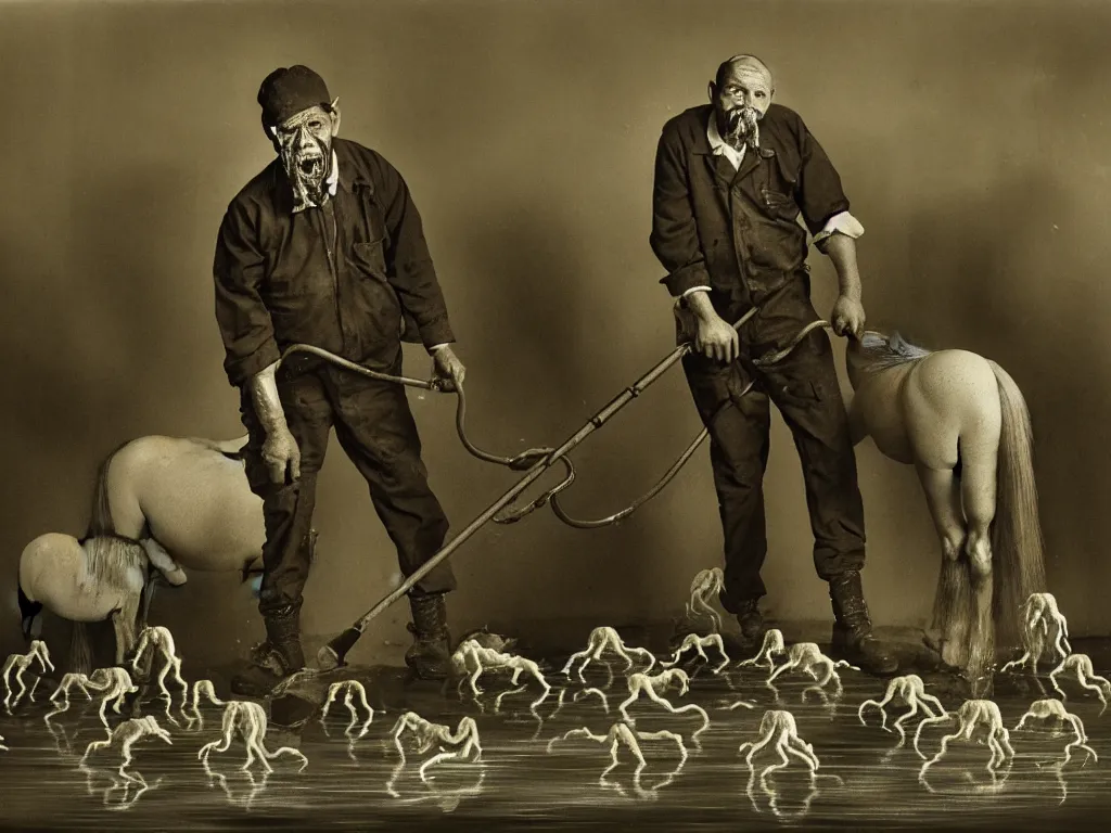 Image similar to a putrefying portrait photograph of a janitor who is gradually being invaded by horses. the floor is covered in a thick layer of gelatin and the janitor is coughing up a fine mist of squids and tadpoles