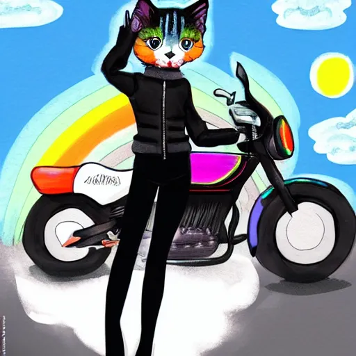 Image similar to wide angle full body, jacket wearing fluffy cute rainbow kitten wearing a black leather motorcycle jacket, cinematic concept art