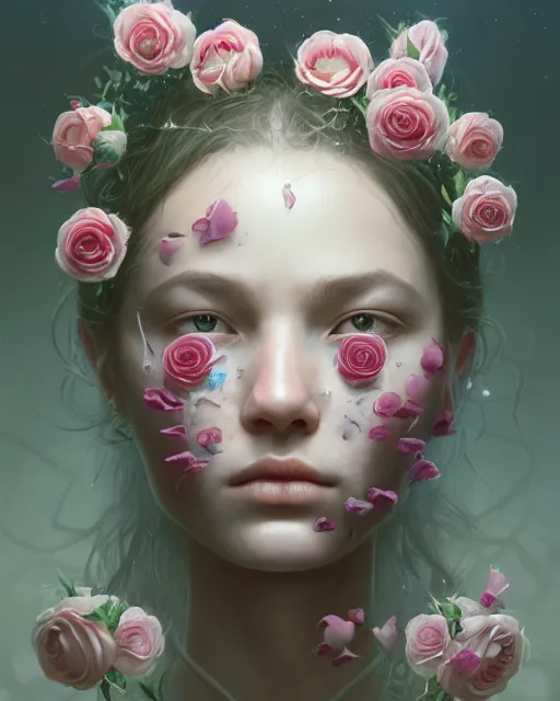 Image similar to portrait of a female face with roses instead of eyes. roses, intricate abstract upper body intricate artwork, by tooth wu, wlop, beeple, dan mumford. concept art, octane render, deviantart, greg rutkowski, cinematic arthouse, key art, hyper realism, iridescent accents