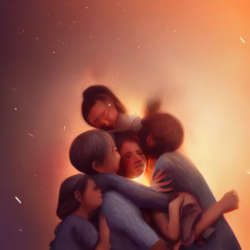 Image similar to A family hugging each other for the last time as the world is ending, meteors are falling from the sky, everything is on fire, dramatic lighting, digital art, very very very very very very beautiful, 8K, dark lighting, trending on Artstation, award winning