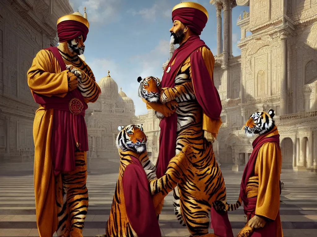 Image similar to moor with fez and turban in gilded silken robes with pet tiger at his side in front of immaculate palace intricate. highly detailed highly detailed, photorealistic, octane render, 8 k, unreal engine. art by artgerm and greg rutkowski and wayne barlowe