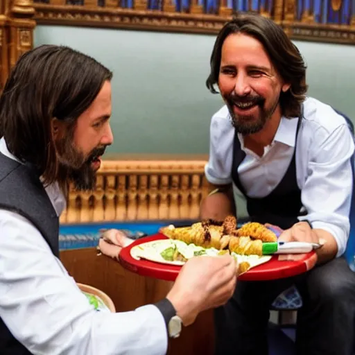 Image similar to pablo iglesias and santiago abascal sharing a kebab in the houses of parliament