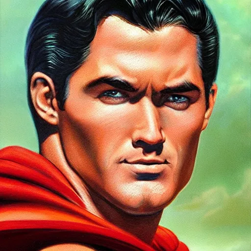 Image similar to ultra - realistic head and shoulders portrait painting of superman. art by ken kelly. 4 k. ultra - realistic. highly detailed. epic lighting