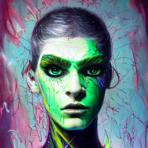 Image similar to a Demon Slayer portrait of Jamie Tovell, tall, pale-skinned, slender with lime green eyes and long eyelashes by Stanley Artgerm, Tom Bagshaw, Arthur Adams, Carne Griffiths, trending on Deviant Art, street art, face enhance, chillwave, maximalist, full of color, glittering