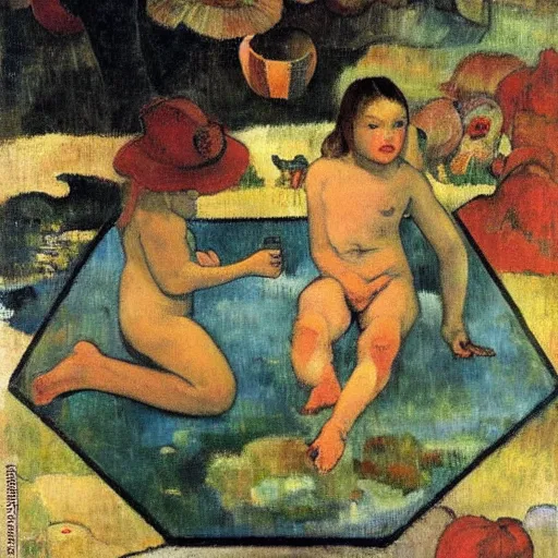 Image similar to numerical evergrowing technological New York hexagon swift puddle portico tub , by Paul Gauguin and Eugene Delacroix and Valentine Hugo , oil on canvas , tarot card , detailed painting