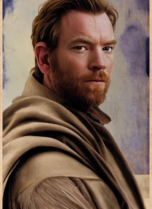 Image similar to Beautiful half body portrait of Ewan McGregor's Obi-Wan Kenobi, intricate, elegant, digital painting, ilustratiom, artwork by Vermeer and alphonse mucha