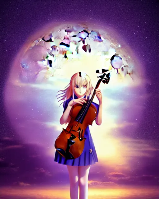 Image similar to teen, cute, full body, a female with white skin and golden long wavy hair holding a violin and playing a song, heavenly, stunning art style, filters applied, lunar time, night sky, trending art, sharp focus, centered, landscape shot, fate zero, simple background, studio ghibly makoto shinkai yuji yamaguchi, by wlop