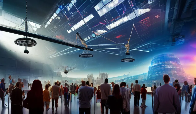 Image similar to crowd of people in large open museum, looking at hologram of futuristic city on a table, cinematic concept art, godrays, golden hour, natural sunlight, 4 k, clear details, tabletop model buildings, center model buildings, hologram center, crane shot, crane shot, crane shot