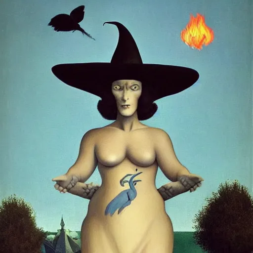 Image similar to a witch with baphomet, by Raphael Hopper, and Rene Magritte. Highly detailed, Occult, funny, humorous, funny, satire, fire, water, earth, air, magical, trending on artstationHQ