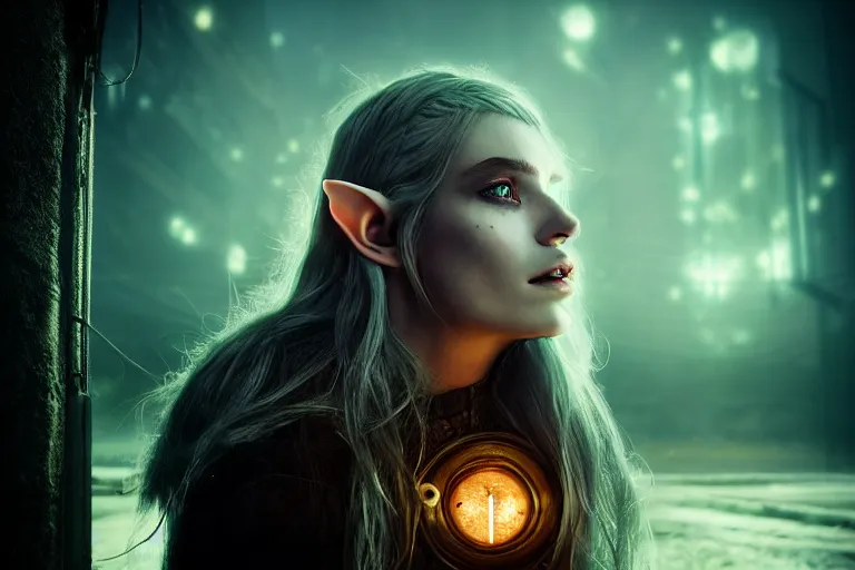 Image similar to an ultra realistic, cinematic, fantasy, headshot portrait, of an elden ring elf, fairy lights, facial features, stood outside an abandoned church, with futuristic buildings and neon signs, detailed, deep focus, movie still, dramatic lighting, ray tracing, by michal karcz and yoshitaka amano