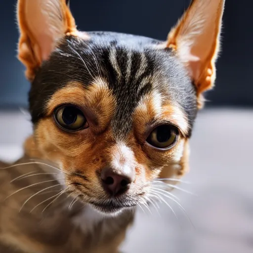 Prompt: studio photo of a tabby cat chihuahua hybrid, 4k