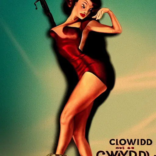 Image similar to cindy crowford cinematic pose on a pin - up thriller poster