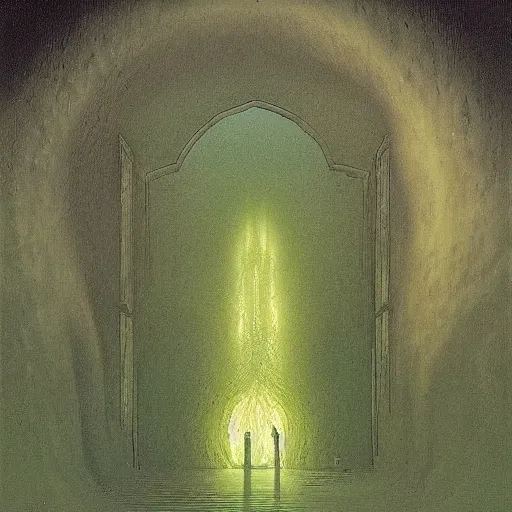 Image similar to Emerald potion, inner light. Concept art. Beksinski