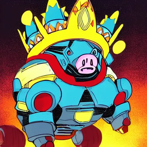 Prompt: mecha pig robot wearing a crown powering up in temple in style of Patrick Gleason and Marvel Comics, soft, glow