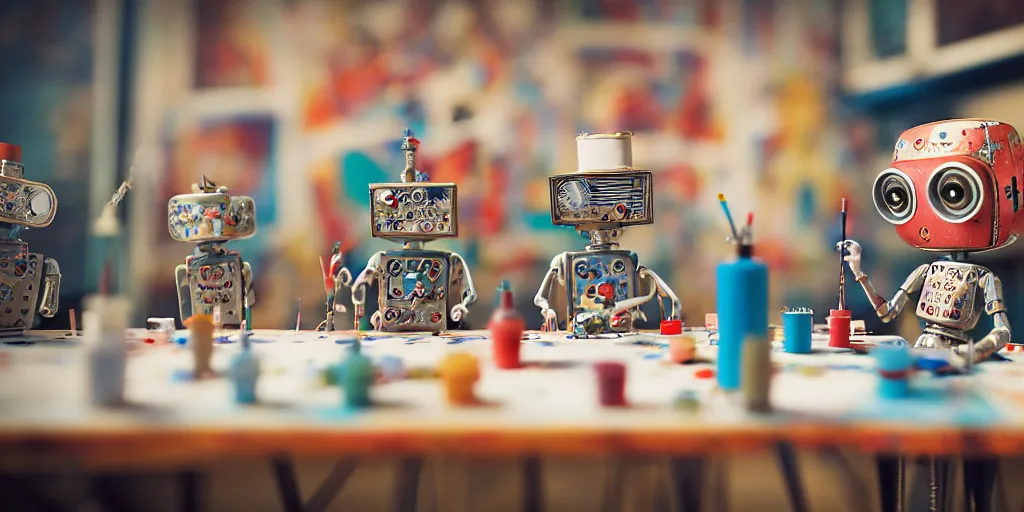 Image similar to closeup portrait of tin toy retro robots painters mixing gouache on white paper table in an artist workshop, depth of field, zeiss lens, detailed, centered, fashion photoshoot, by nicoletta ceccoli, mark ryden, lostfish, breathtaking, 8 k resolution, extremely detailed, beautiful, establishing shot, artistic, hyperrealistic, octane render